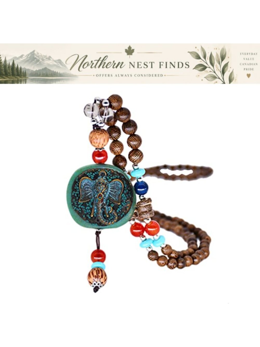Boho Long Synthetic Turquoise Wood Bead Necklace with Pendant